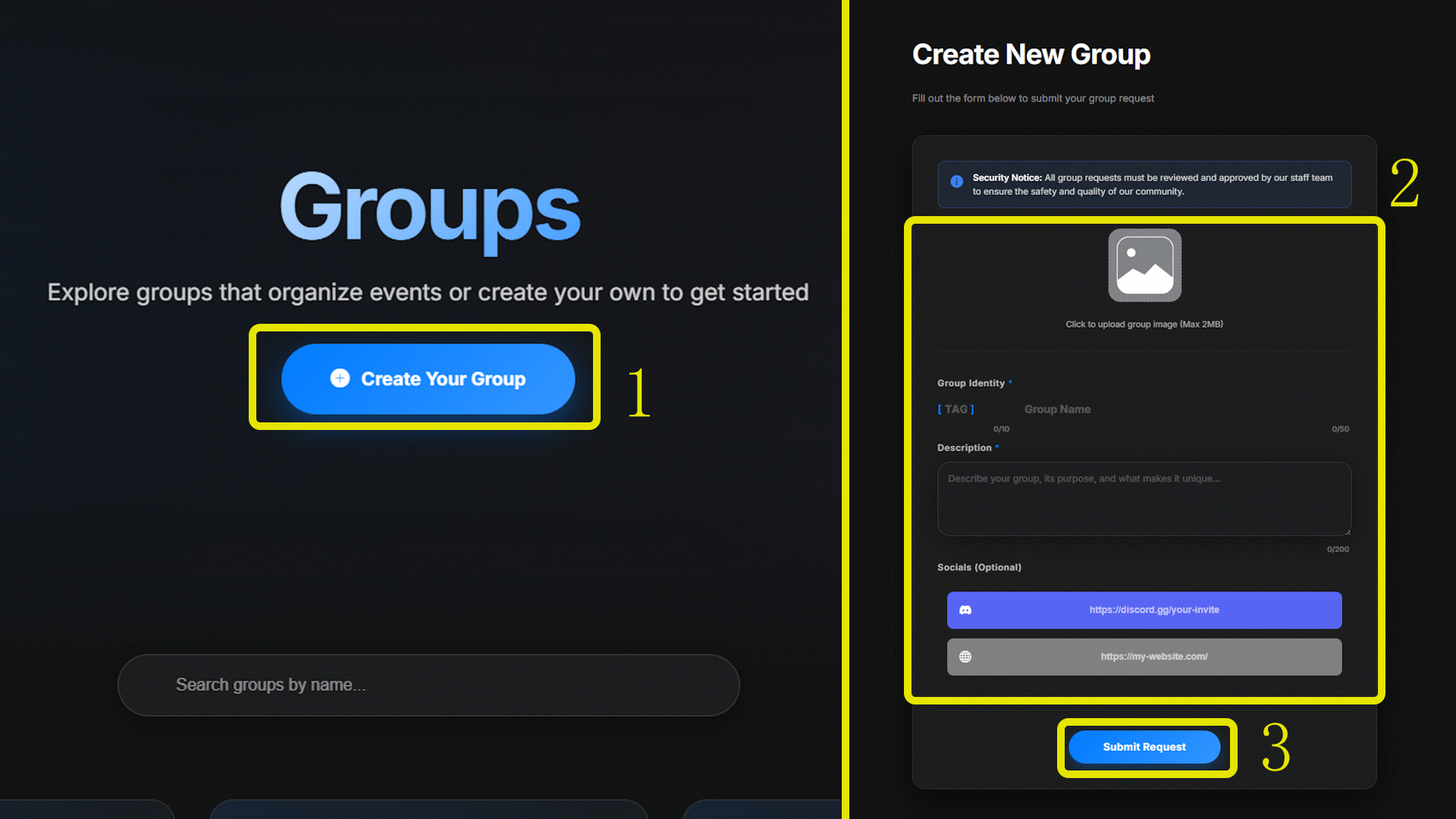 Create group form screenshot