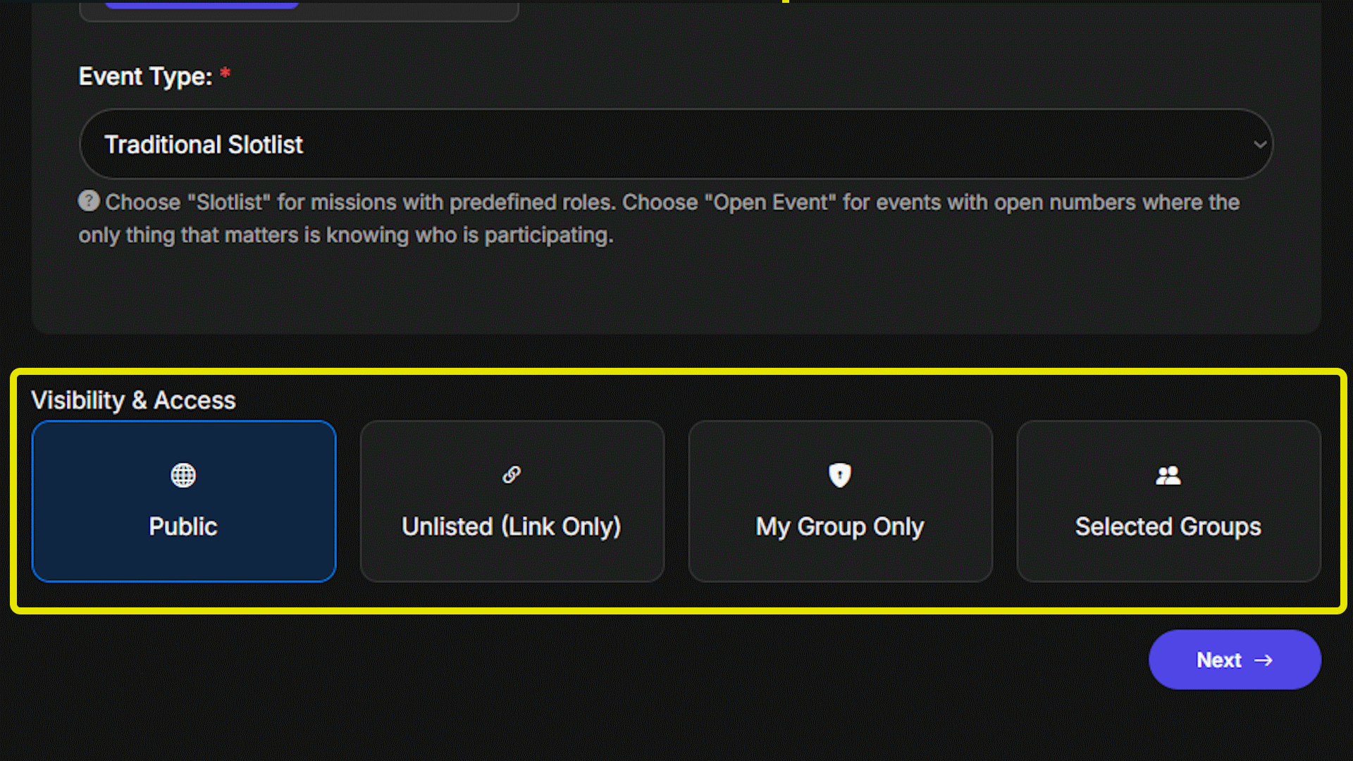 Event visibility options screenshot